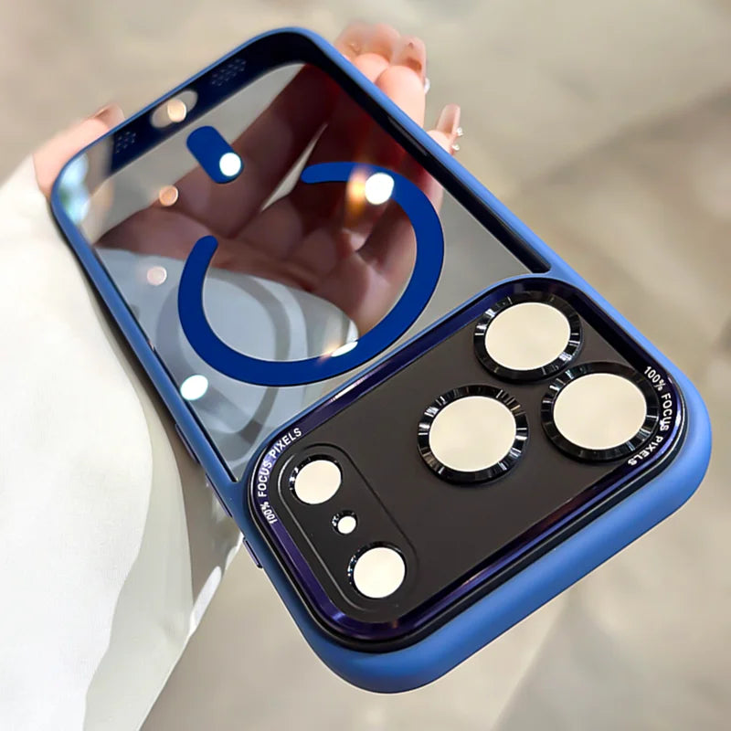 Transparent Metal Camera Bumper Cases For iPhone 17 11 12 13 16 Pro Max 15 16 Plus 17 Air For Magsafe Magnetic Clear Phone Cover