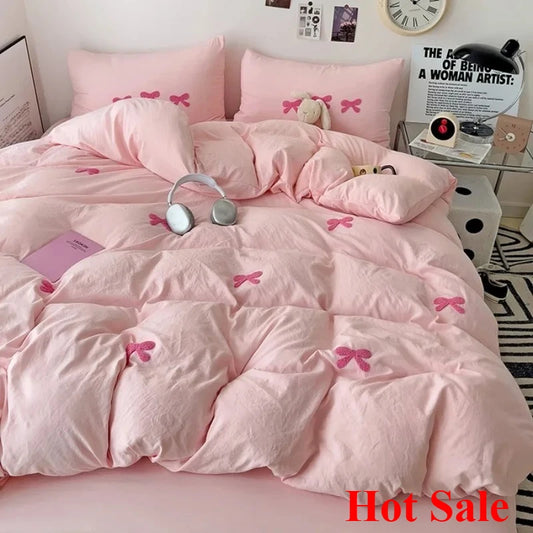2025 Pink Bedding Set with Bow Korean Breathable Duvet Cover No Filler Flat Sheet Pillowcases Mix Color Comforter Cover Set