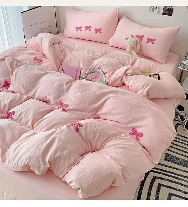 2025 Pink Bedding Set with Bow Korean Breathable Duvet Cover No Filler Flat Sheet Pillowcases Mix Color Comforter Cover Set