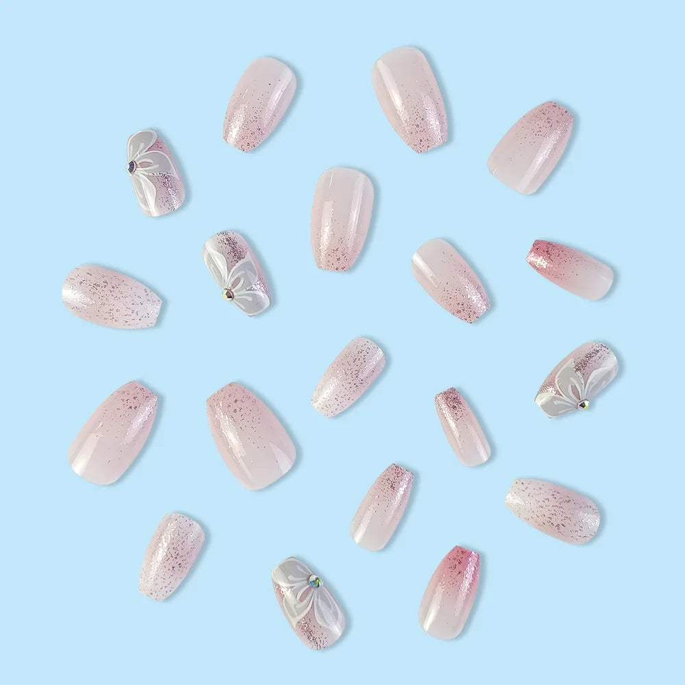 24Pcs Glossy Short Ballerina Press On Nails Pink Glitter Style False Nails With Rhinestone Shiny Artificial Reusable Fake Nails