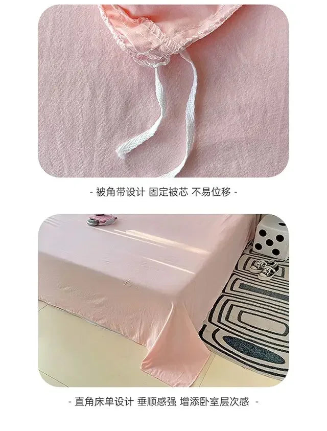 2025 Pink Bedding Set with Bow Korean Breathable Duvet Cover No Filler Flat Sheet Pillowcases Mix Color Comforter Cover Set