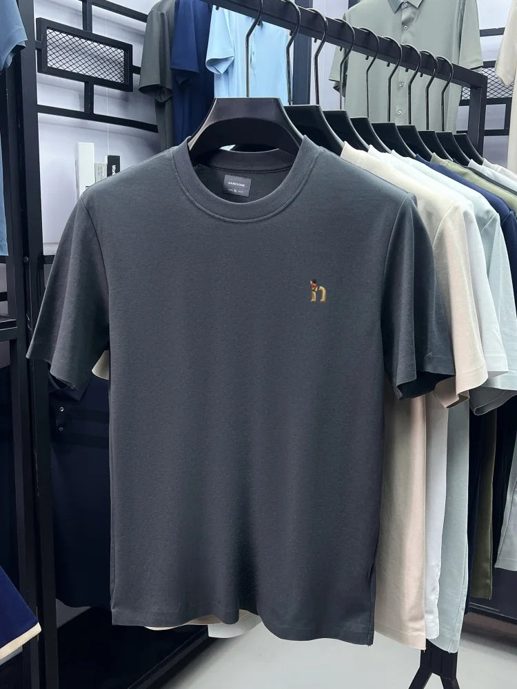 Luxury men's short sleeve T-shirt brand exquisite puppy embroidery summer ice silk cotton solid color breathable round neck top