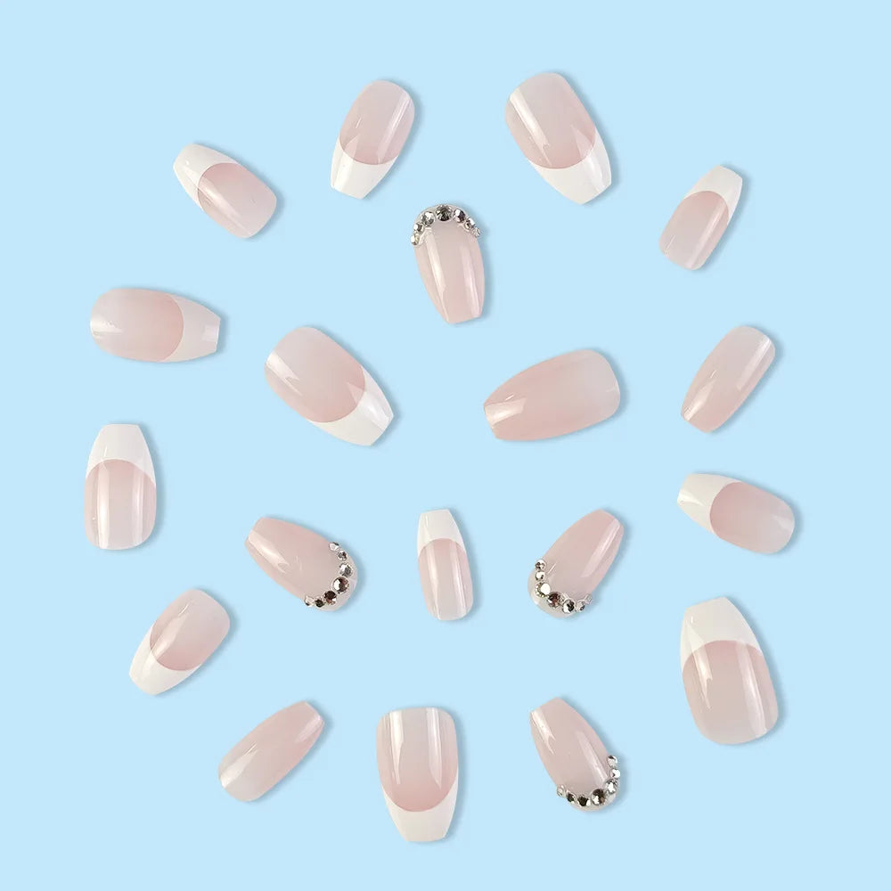 24Pcs Glossy Short Ballerina Press On Nails Pink Glitter Style False Nails With Rhinestone Shiny Artificial Reusable Fake Nails