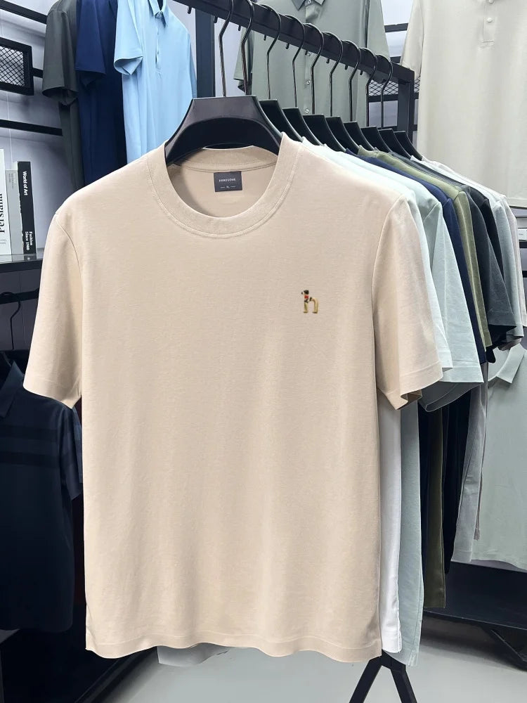 Luxury men's short sleeve T-shirt brand exquisite puppy embroidery summer ice silk cotton solid color breathable round neck top