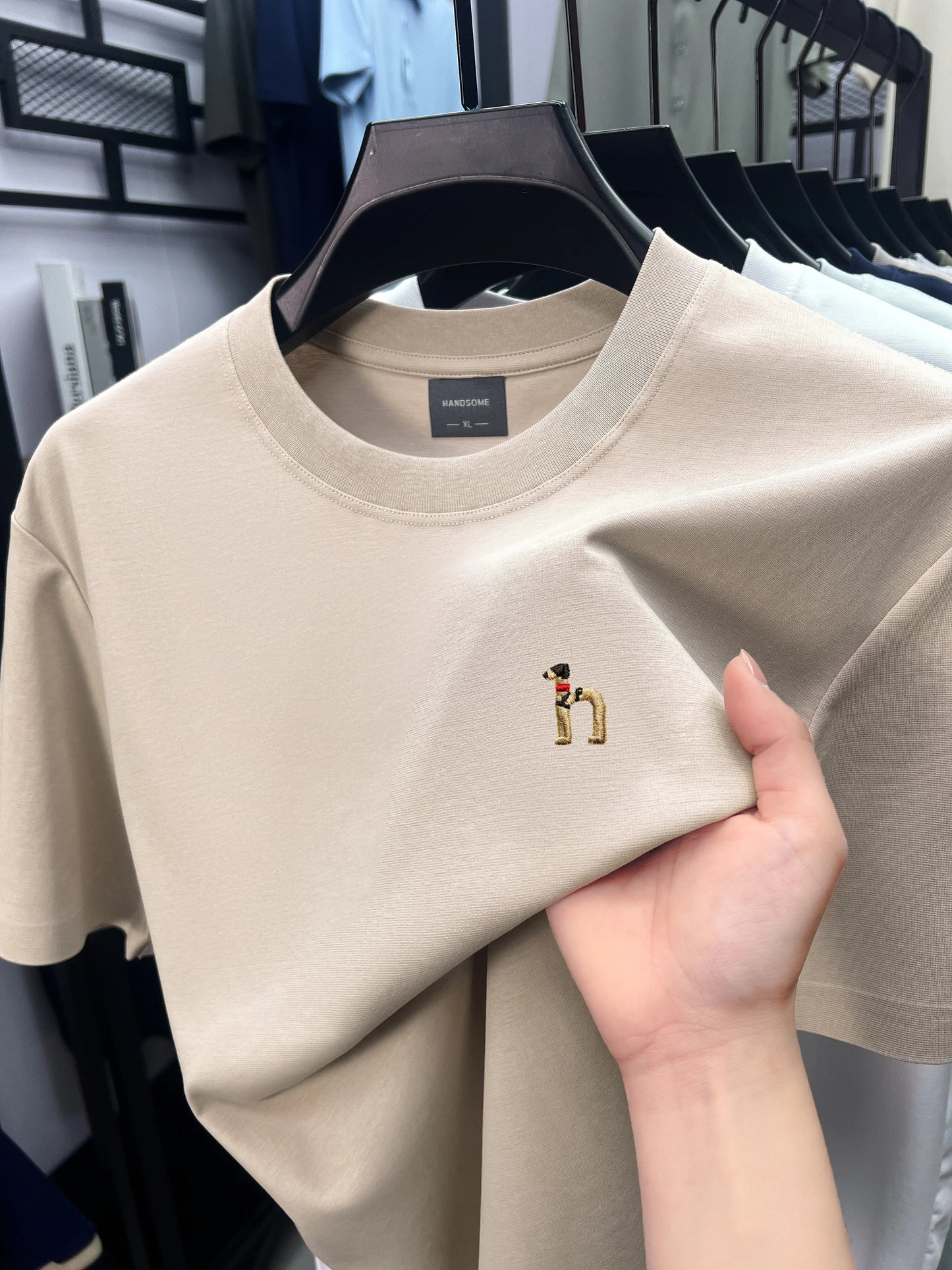 Luxury men's short sleeve T-shirt brand exquisite puppy embroidery summer ice silk cotton solid color breathable round neck top