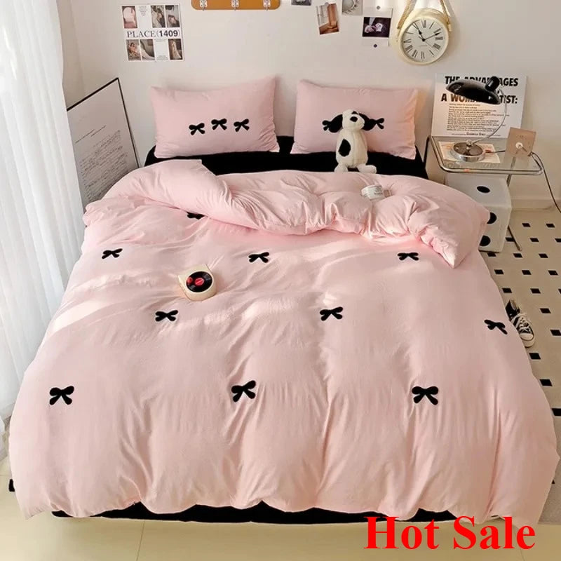 2025 Pink Bedding Set with Bow Korean Breathable Duvet Cover No Filler Flat Sheet Pillowcases Mix Color Comforter Cover Set