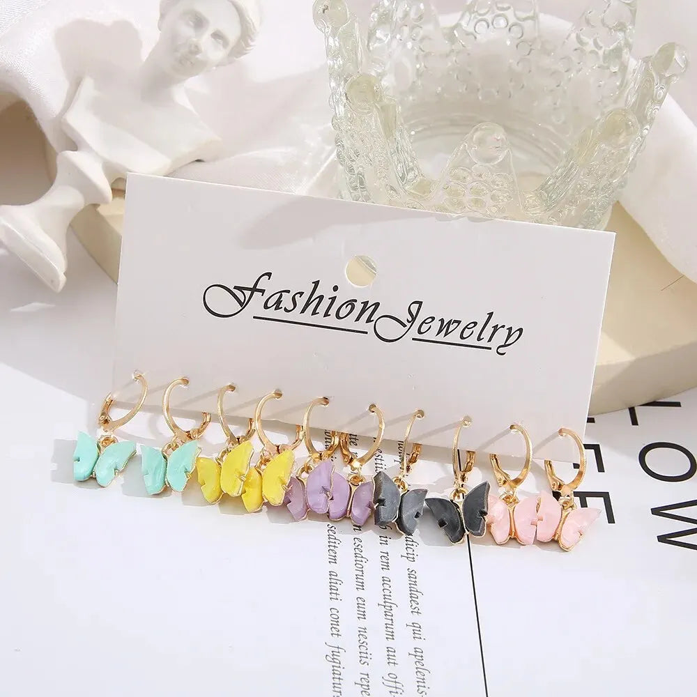 5 Pairs Butterfly Dangle Earring Set For Women Bohemia Colorful Acrylic Geometric Animal Drop Earring Girls Trend Jewelry