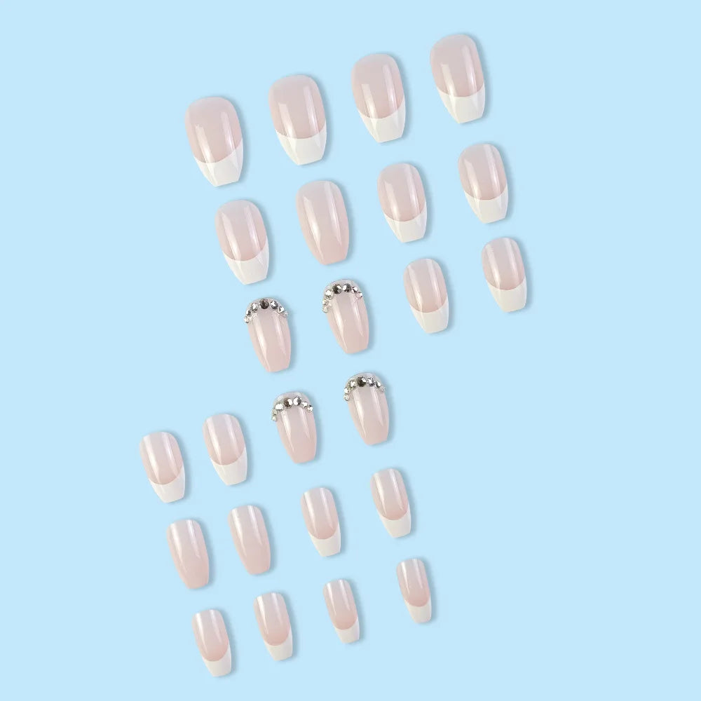 24Pcs Glossy Short Ballerina Press On Nails Pink Glitter Style False Nails With Rhinestone Shiny Artificial Reusable Fake Nails