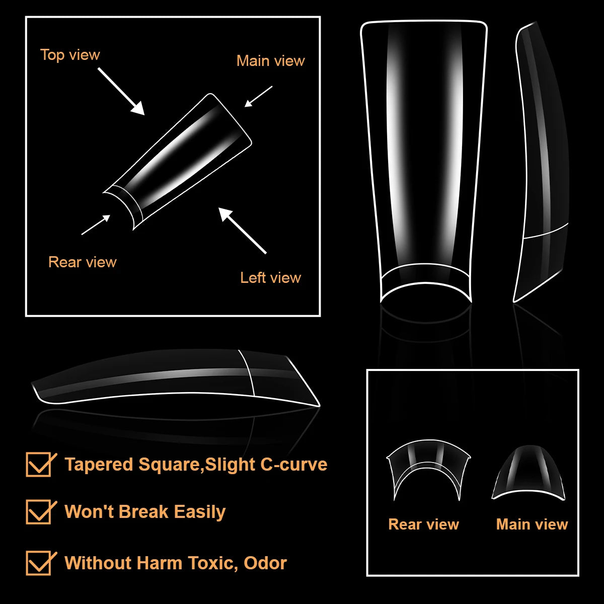 600PCS Duckbill Shaped False Nails Tips Clear Acrylic Fake Nails Half Full Cover Gel Nail Tips for Nail Extension Manicure Tools