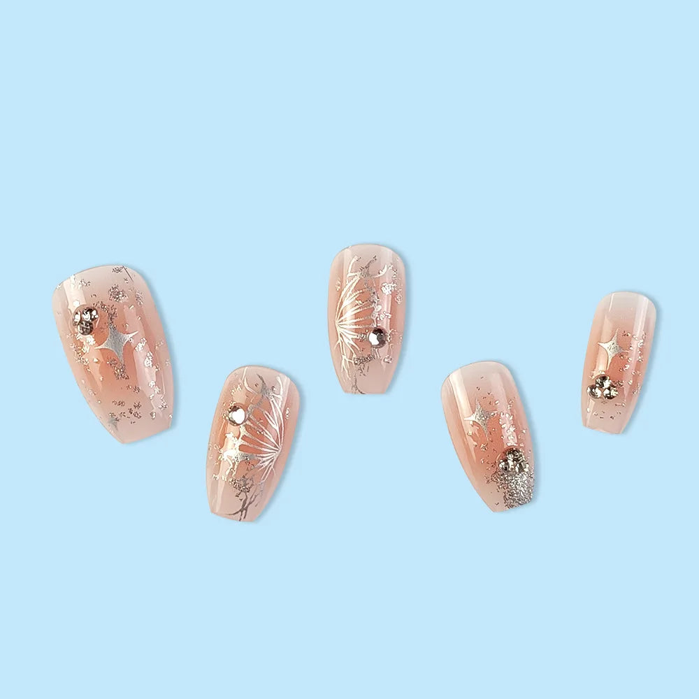 24Pcs Glossy Short Ballerina Press On Nails Pink Glitter Style False Nails With Rhinestone Shiny Artificial Reusable Fake Nails