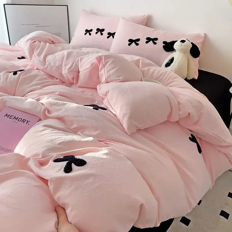 2025 Pink Bedding Set with Bow Korean Breathable Duvet Cover No Filler Flat Sheet Pillowcases Mix Color Comforter Cover Set
