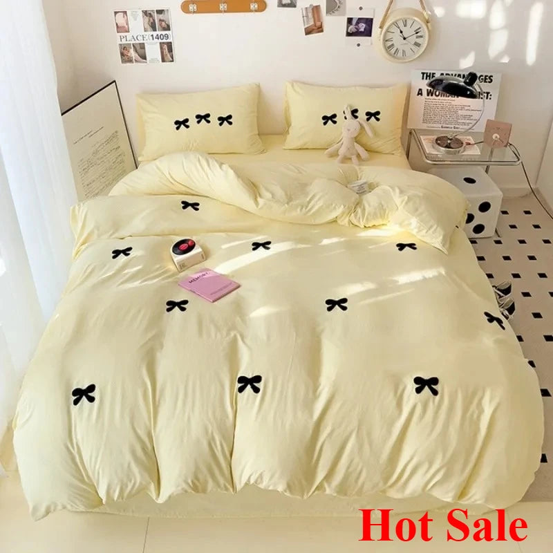 2025 Pink Bedding Set with Bow Korean Breathable Duvet Cover No Filler Flat Sheet Pillowcases Mix Color Comforter Cover Set