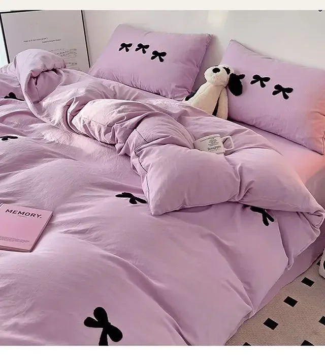 2025 Pink Bedding Set with Bow Korean Breathable Duvet Cover No Filler Flat Sheet Pillowcases Mix Color Comforter Cover Set