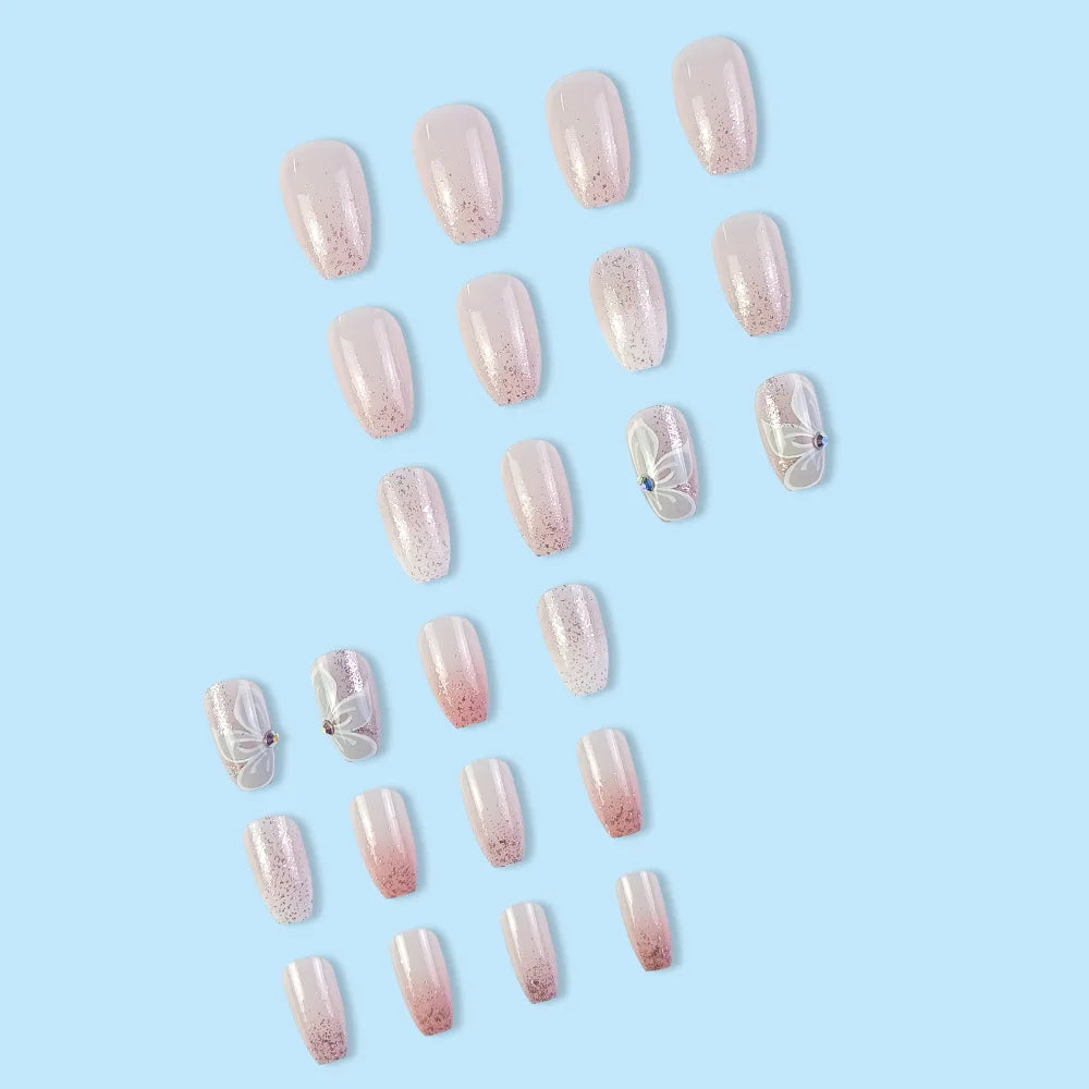 24Pcs Glossy Short Ballerina Press On Nails Pink Glitter Style False Nails With Rhinestone Shiny Artificial Reusable Fake Nails