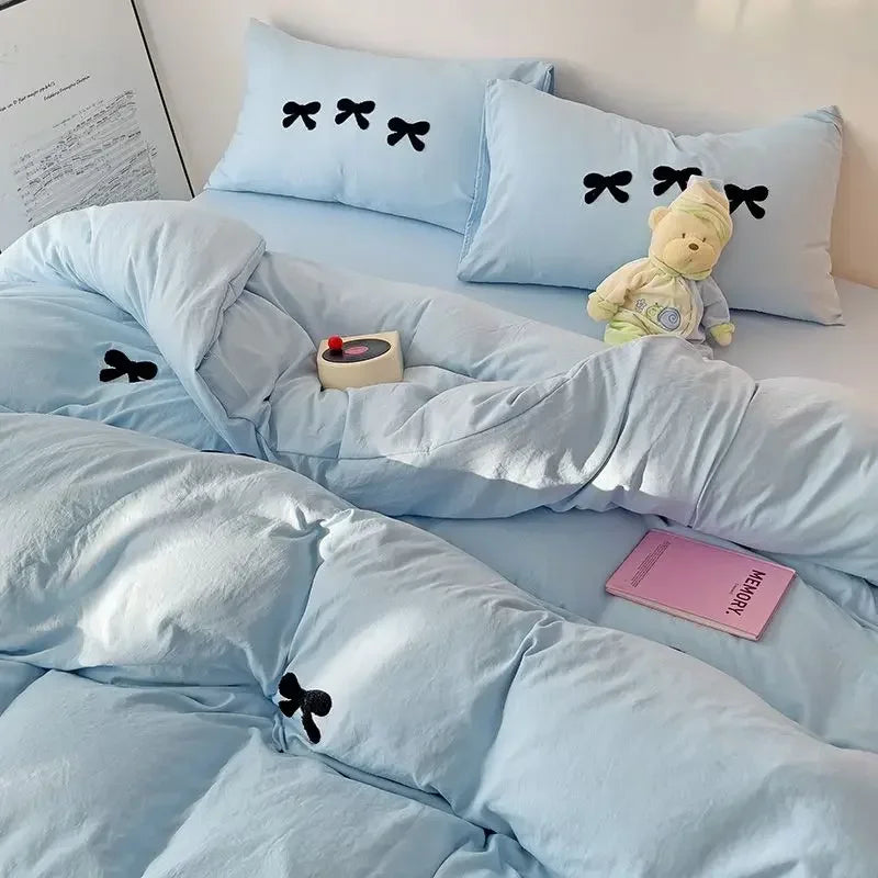 2025 Pink Bedding Set with Bow Korean Breathable Duvet Cover No Filler Flat Sheet Pillowcases Mix Color Comforter Cover Set