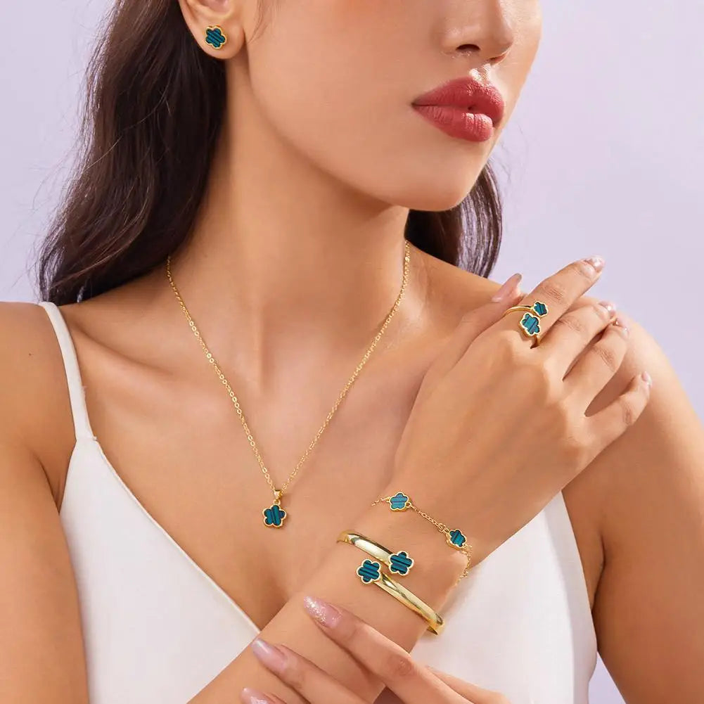 5 Pcs Set Jewelry Stainless Steel Five Leaf Clover 316L Bracelets For Women Elegance French Niche Necklaces Bracelets Earrings