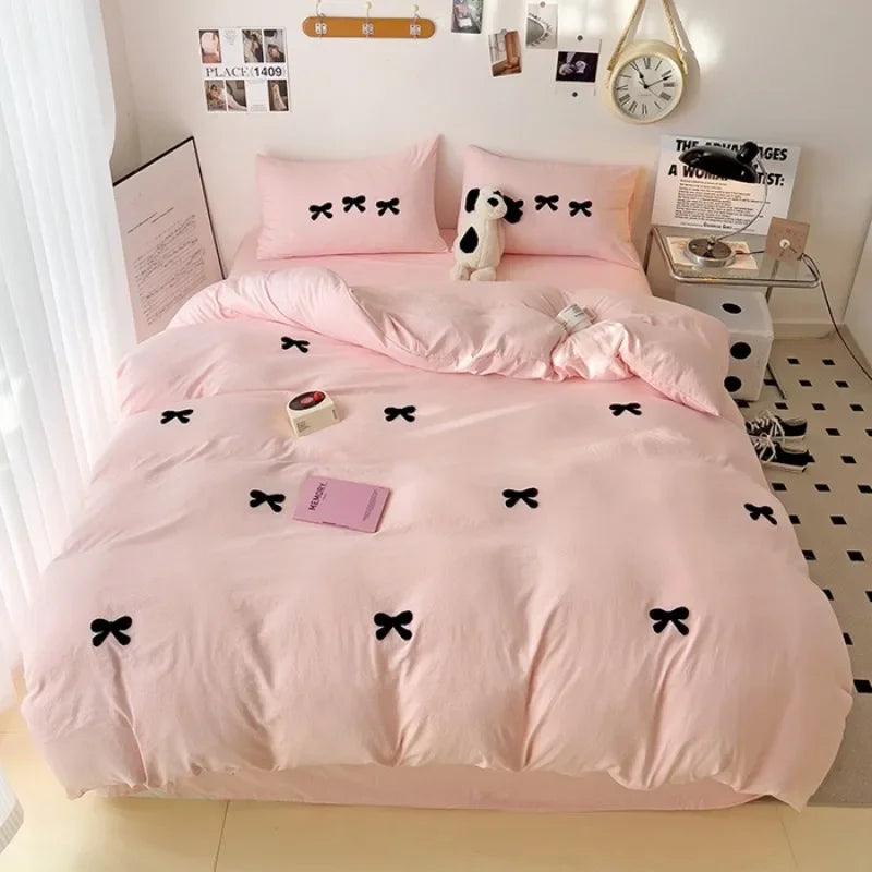 2025 Pink Bedding Set with Bow Korean Breathable Duvet Cover No Filler Flat Sheet Pillowcases Mix Color Comforter Cover Set