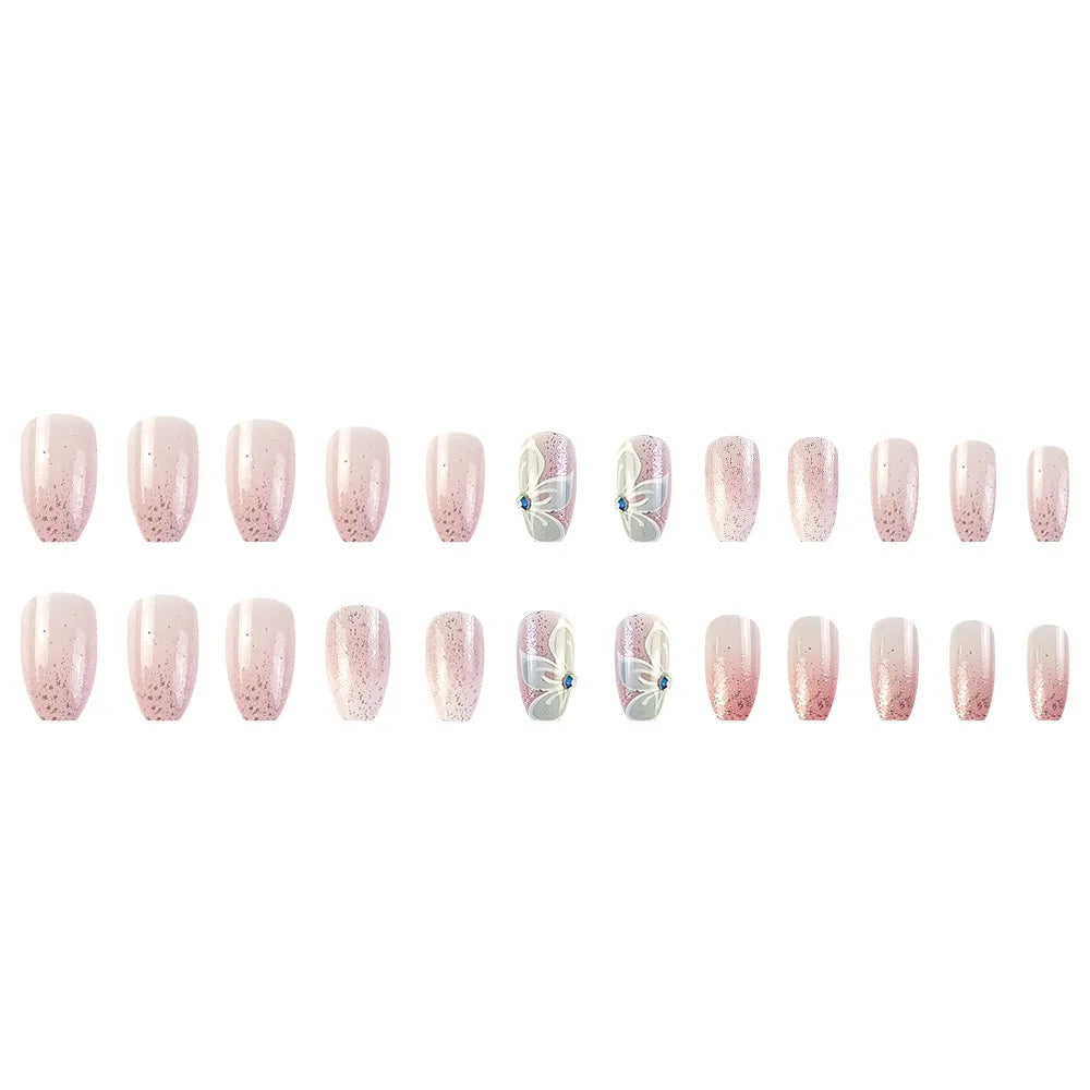 24Pcs Glossy Short Ballerina Press On Nails Pink Glitter Style False Nails With Rhinestone Shiny Artificial Reusable Fake Nails