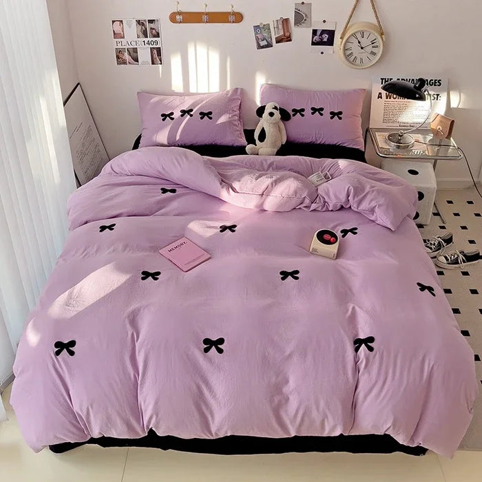2025 Pink Bedding Set with Bow Korean Breathable Duvet Cover No Filler Flat Sheet Pillowcases Mix Color Comforter Cover Set