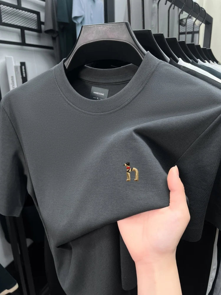 Luxury men's short sleeve T-shirt brand exquisite puppy embroidery summer ice silk cotton solid color breathable round neck top