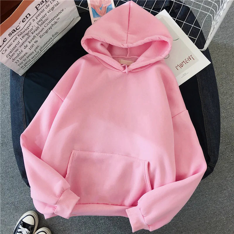2025Autumn Casual Women's Solid Hoodie Comfortable Strecth Sweatshirts Loose Pocket Warm Clothes Fashion Street Female Pullovers