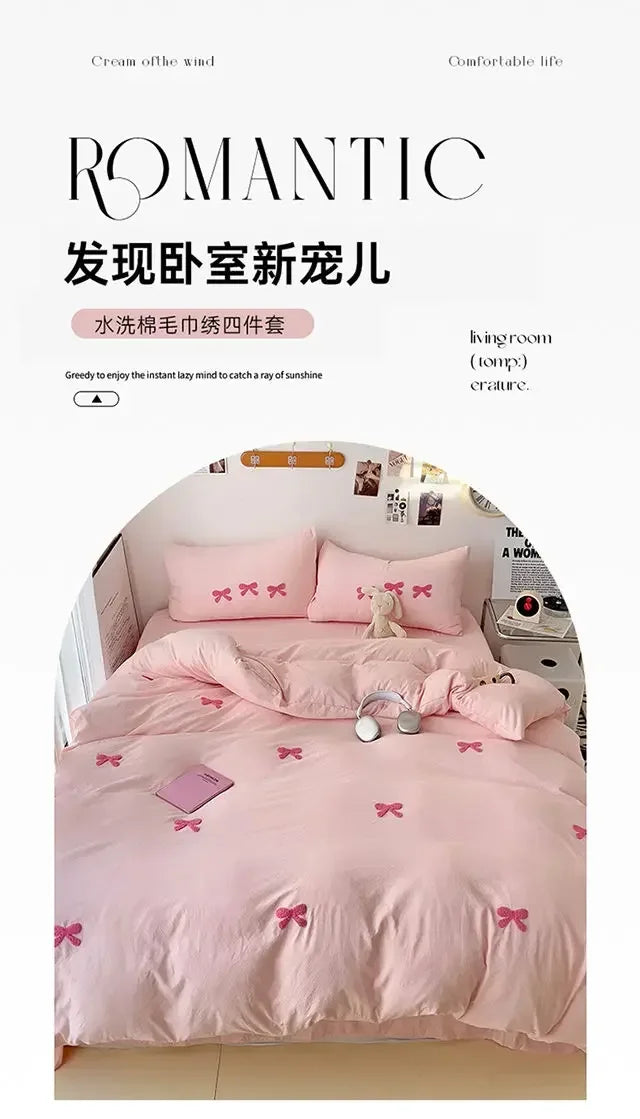 2025 Pink Bedding Set with Bow Korean Breathable Duvet Cover No Filler Flat Sheet Pillowcases Mix Color Comforter Cover Set