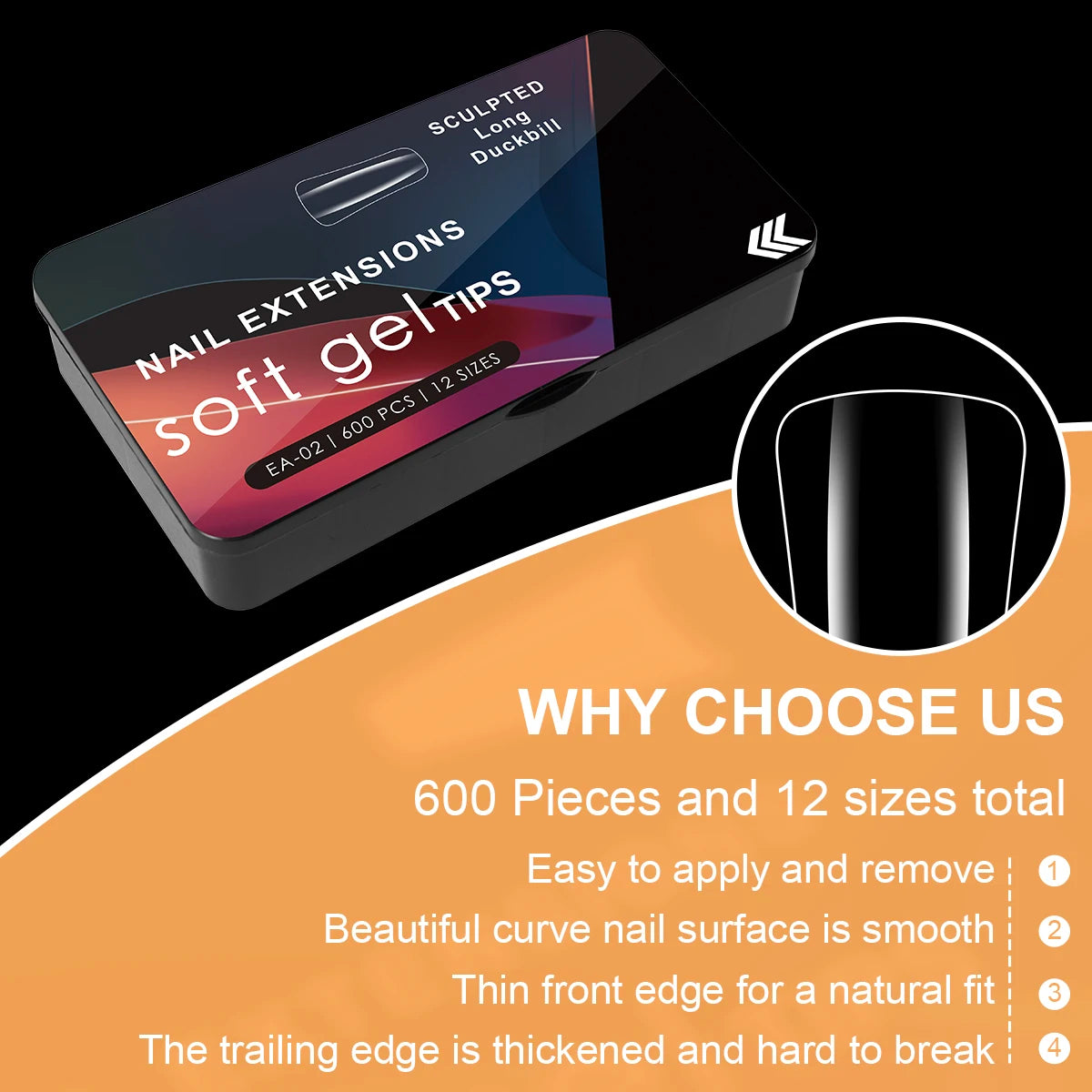 600PCS Duckbill Shaped False Nails Tips Clear Acrylic Fake Nails Half Full Cover Gel Nail Tips for Nail Extension Manicure Tools