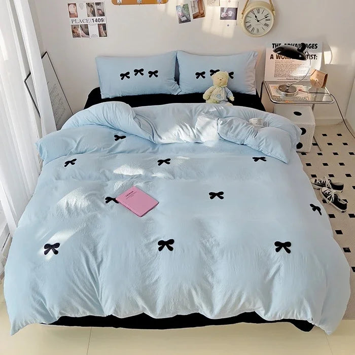 2025 Pink Bedding Set with Bow Korean Breathable Duvet Cover No Filler Flat Sheet Pillowcases Mix Color Comforter Cover Set