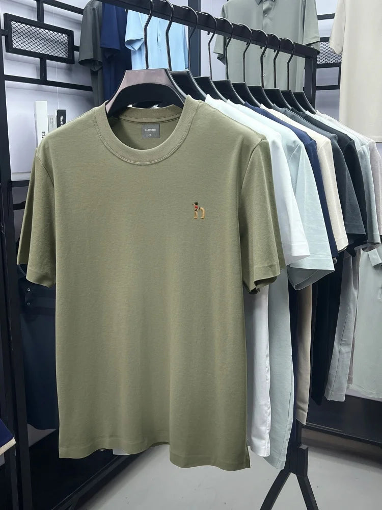 Luxury men's short sleeve T-shirt brand exquisite puppy embroidery summer ice silk cotton solid color breathable round neck top