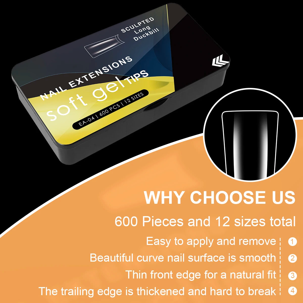 600PCS Duckbill Shaped False Nails Tips Clear Acrylic Fake Nails Half Full Cover Gel Nail Tips for Nail Extension Manicure Tools