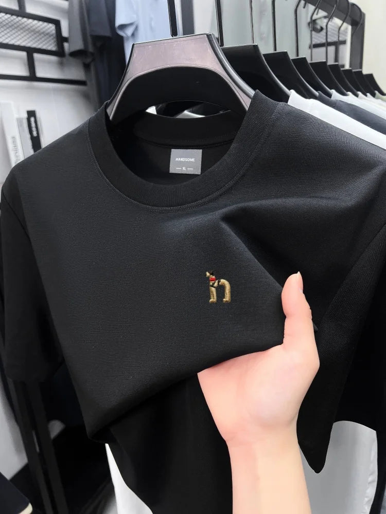 Luxury men's short sleeve T-shirt brand exquisite puppy embroidery summer ice silk cotton solid color breathable round neck top