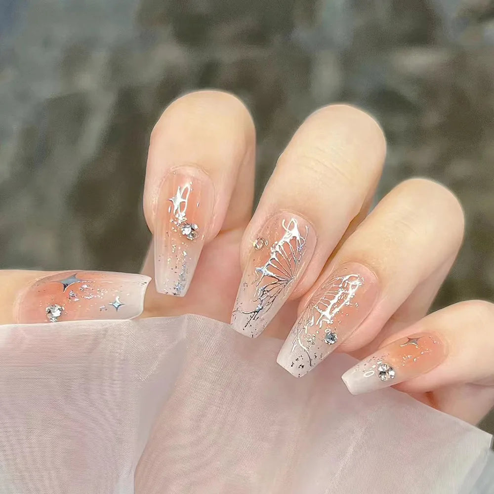 24Pcs Glossy Short Ballerina Press On Nails Pink Glitter Style False Nails With Rhinestone Shiny Artificial Reusable Fake Nails