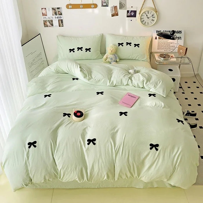 2025 Pink Bedding Set with Bow Korean Breathable Duvet Cover No Filler Flat Sheet Pillowcases Mix Color Comforter Cover Set