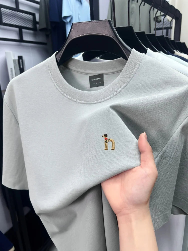 Luxury men's short sleeve T-shirt brand exquisite puppy embroidery summer ice silk cotton solid color breathable round neck top