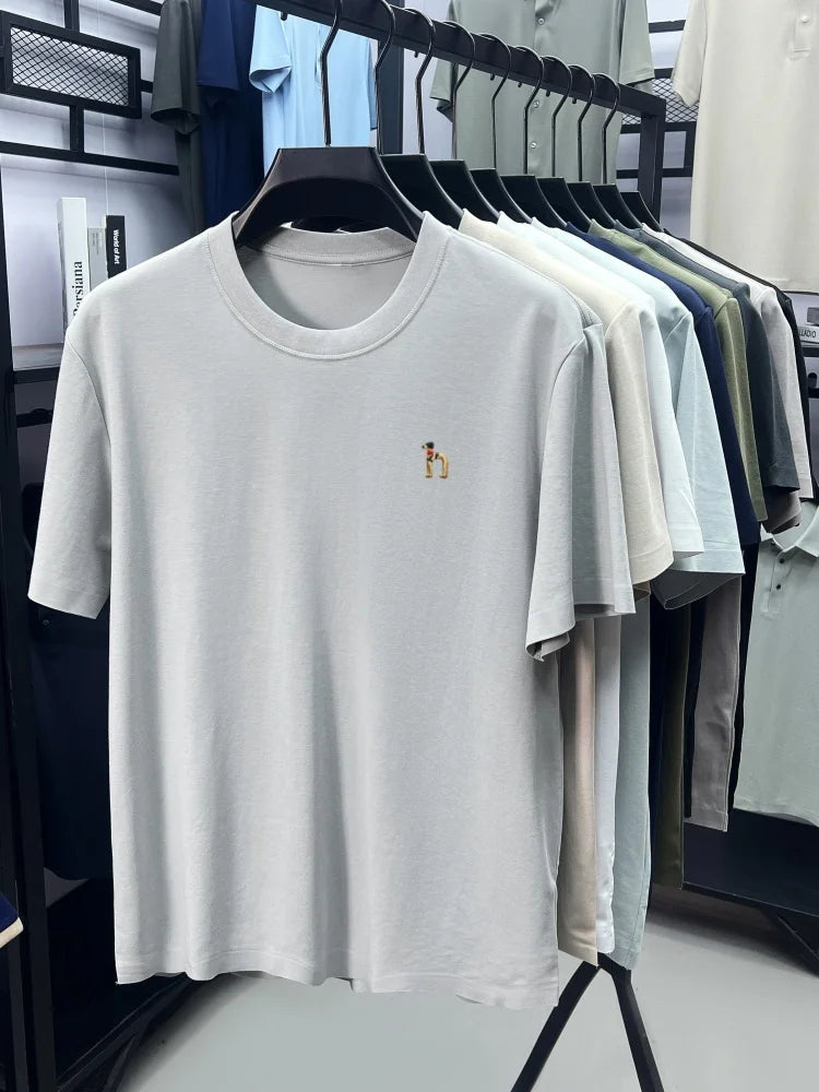Luxury men's short sleeve T-shirt brand exquisite puppy embroidery summer ice silk cotton solid color breathable round neck top