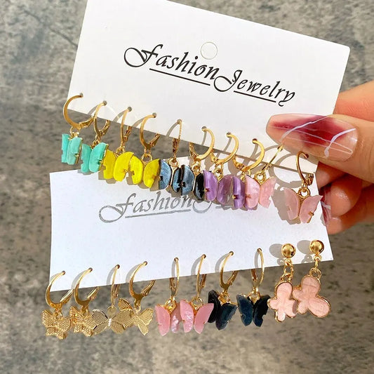 5 Pairs Butterfly Dangle Earring Set For Women Bohemia Colorful Acrylic Geometric Animal Drop Earring Girls Trend Jewelry