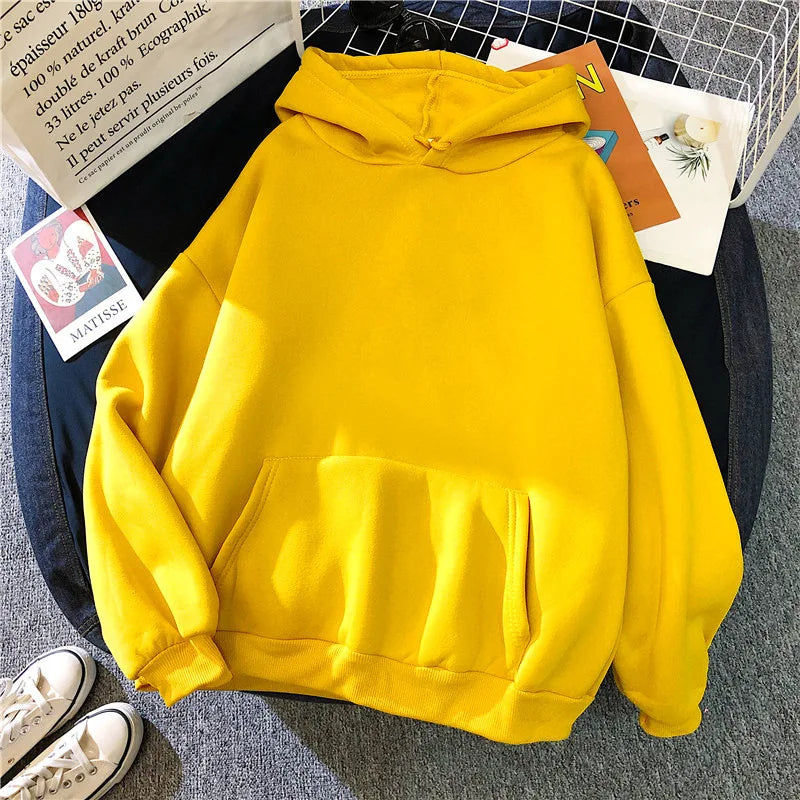 2025Autumn Casual Women's Solid Hoodie Comfortable Strecth Sweatshirts Loose Pocket Warm Clothes Fashion Street Female Pullovers