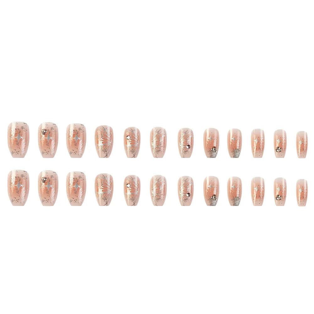 24Pcs Glossy Short Ballerina Press On Nails Pink Glitter Style False Nails With Rhinestone Shiny Artificial Reusable Fake Nails