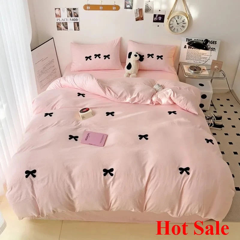 2025 Pink Bedding Set with Bow Korean Breathable Duvet Cover No Filler Flat Sheet Pillowcases Mix Color Comforter Cover Set