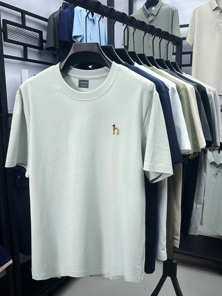 Luxury men's short sleeve T-shirt brand exquisite puppy embroidery summer ice silk cotton solid color breathable round neck top