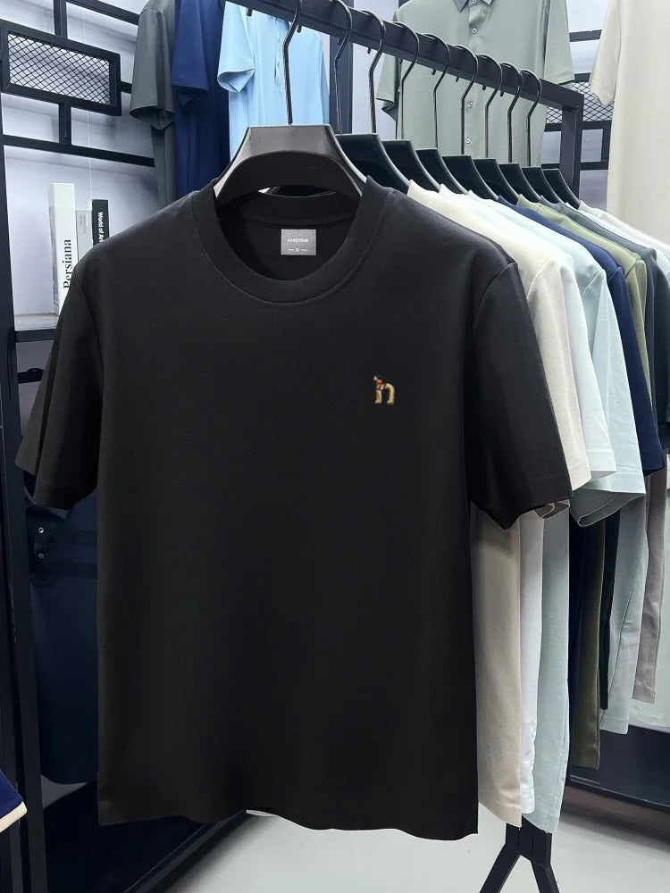 Luxury men's short sleeve T-shirt brand exquisite puppy embroidery summer ice silk cotton solid color breathable round neck top