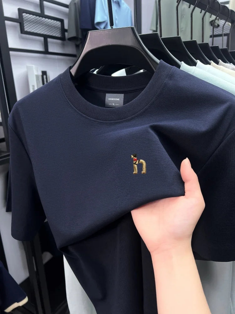 Luxury men's short sleeve T-shirt brand exquisite puppy embroidery summer ice silk cotton solid color breathable round neck top