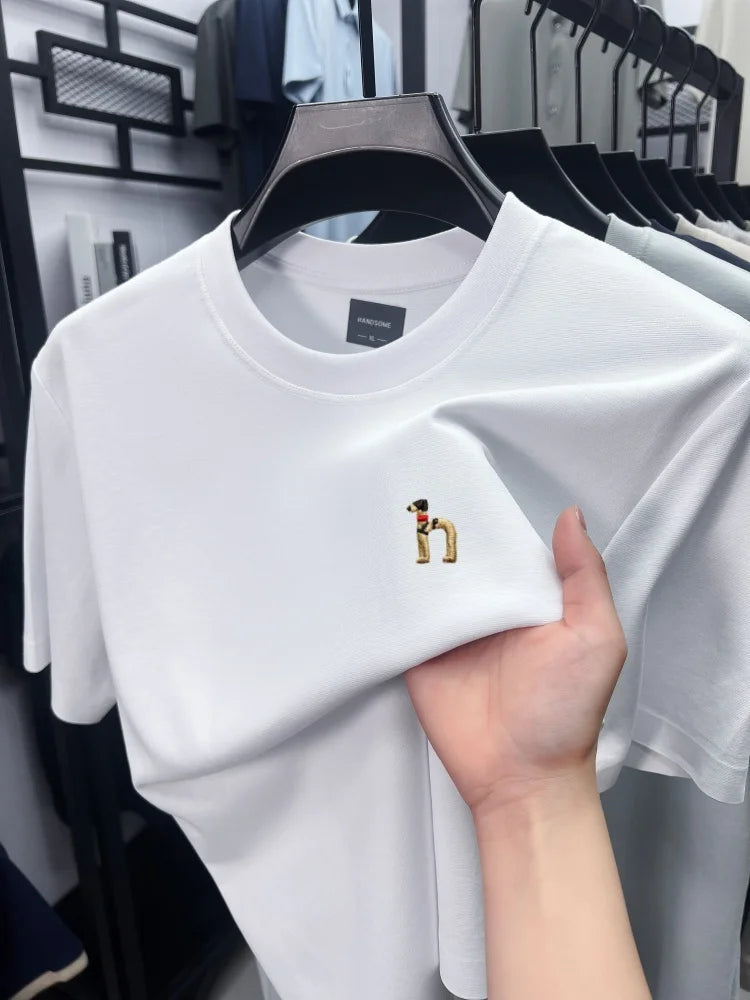 Luxury men's short sleeve T-shirt brand exquisite puppy embroidery summer ice silk cotton solid color breathable round neck top
