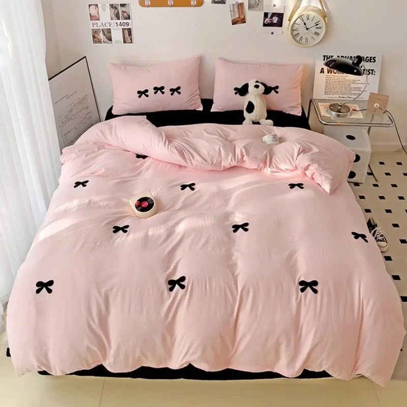 2025 Pink Bedding Set with Bow Korean Breathable Duvet Cover No Filler Flat Sheet Pillowcases Mix Color Comforter Cover Set