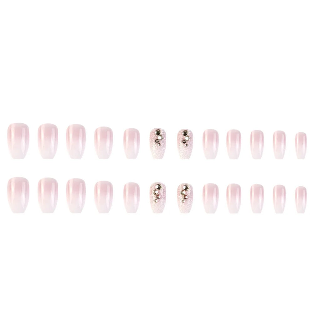 24Pcs Glossy Short Ballerina Press On Nails Pink Glitter Style False Nails With Rhinestone Shiny Artificial Reusable Fake Nails