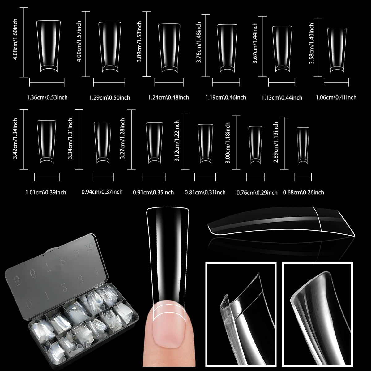 600PCS Duckbill Shaped False Nails Tips Clear Acrylic Fake Nails Half Full Cover Gel Nail Tips for Nail Extension Manicure Tools