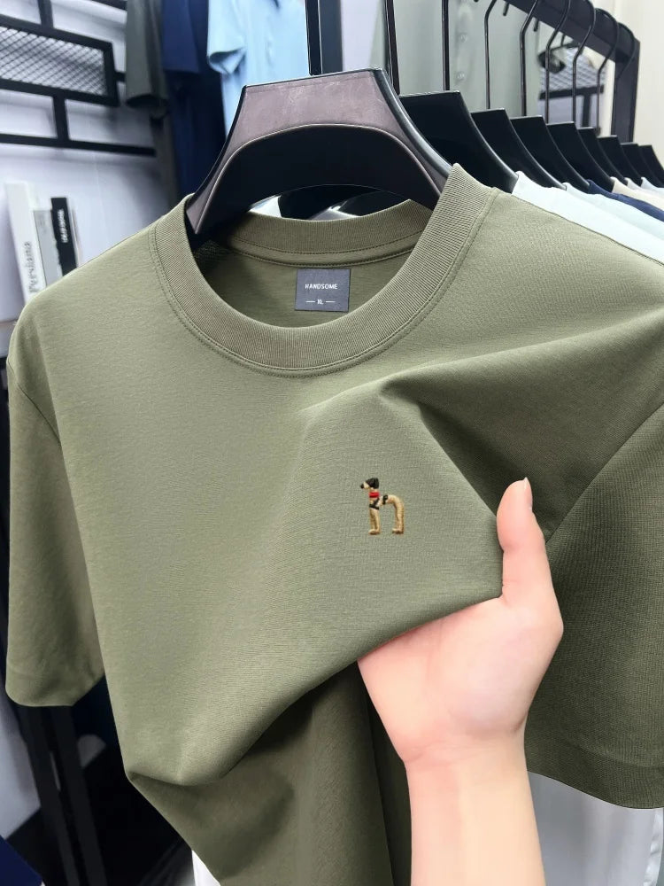 Luxury men's short sleeve T-shirt brand exquisite puppy embroidery summer ice silk cotton solid color breathable round neck top
