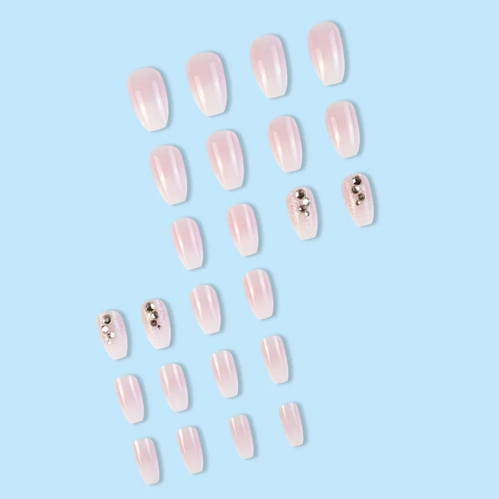 24Pcs Glossy Short Ballerina Press On Nails Pink Glitter Style False Nails With Rhinestone Shiny Artificial Reusable Fake Nails