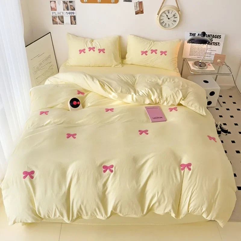 2025 Pink Bedding Set with Bow Korean Breathable Duvet Cover No Filler Flat Sheet Pillowcases Mix Color Comforter Cover Set