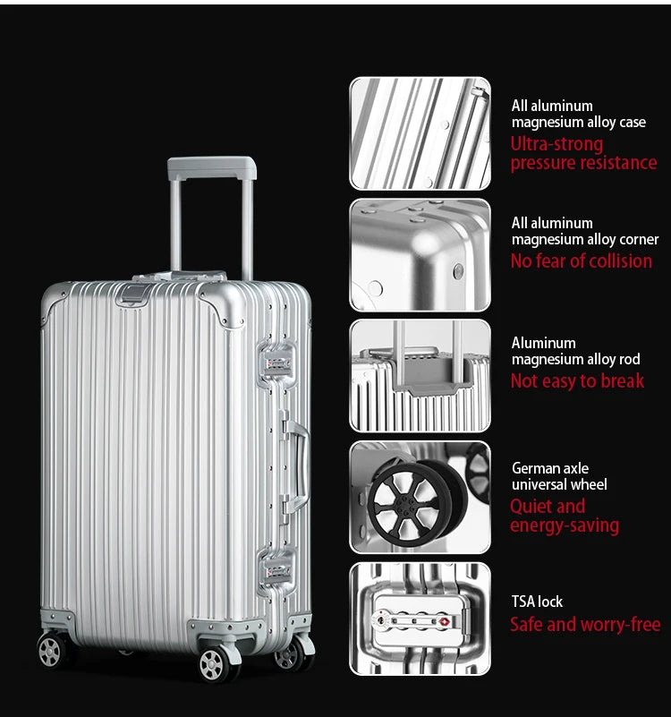 100% Aluminum-magnesium Alloy Travel Suitcase High Quality Rolling Luggage 20/24/26/29'' Trolley Luggage Carry-On Cabin Suitcase
